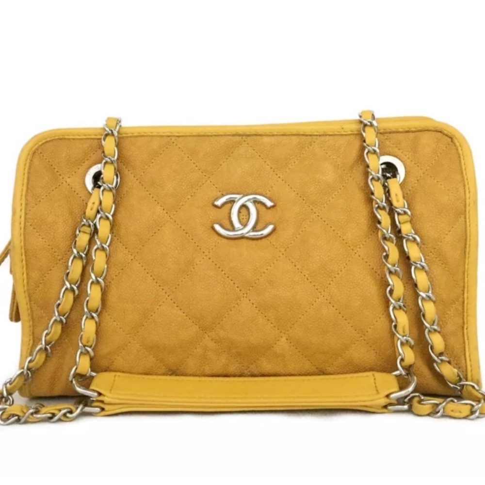 CHANEL CC Logo French Riviera Shoulder Handbag Tote Purse Caviar Yellow Rare